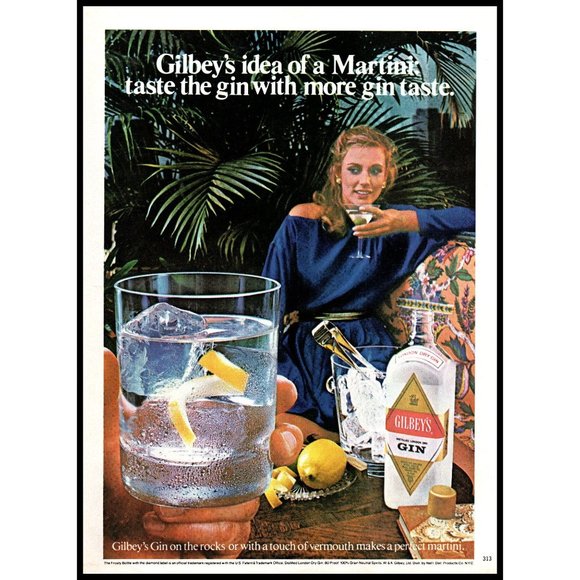 1982 Gilbey's Gin Vintage Print Ad Blue Dress Palm Tree Martini Lemon Wall Art - Picture 1 of 1